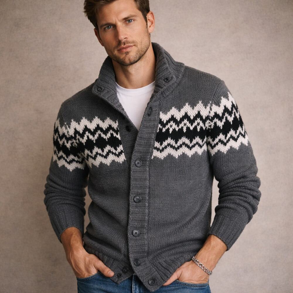 Filippo Novelli Italy Cardigan Mens Sweater Wool Blend Fair Isle Nordic SZL Grey